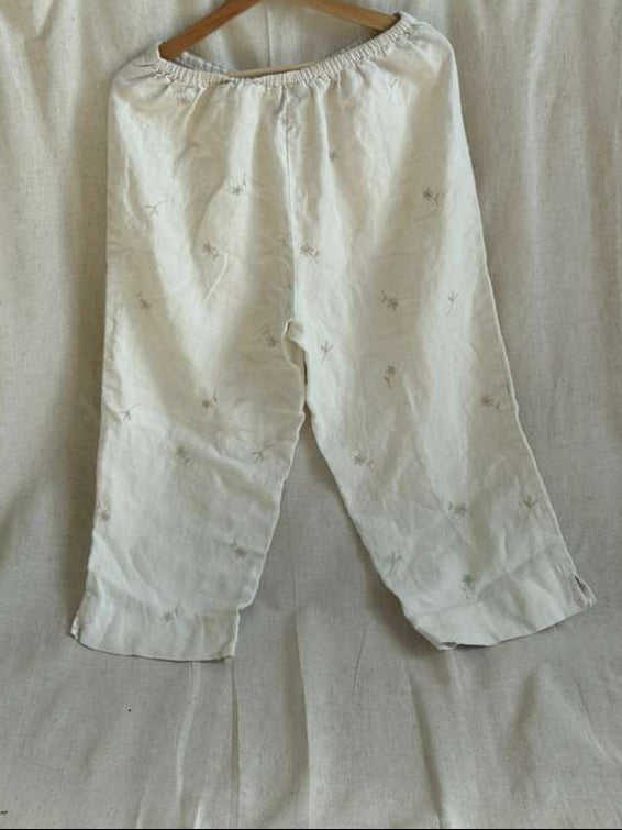 White Linen Floral Pants - Size M Cropped Wide Leg