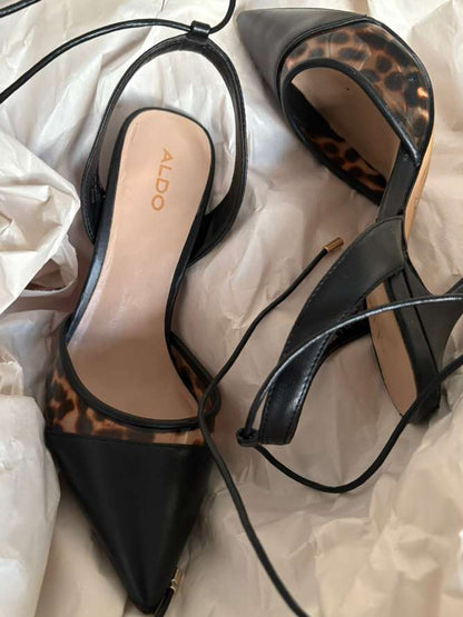 ALDO Black Strappy Heels - Leopard Print Detail Size 7