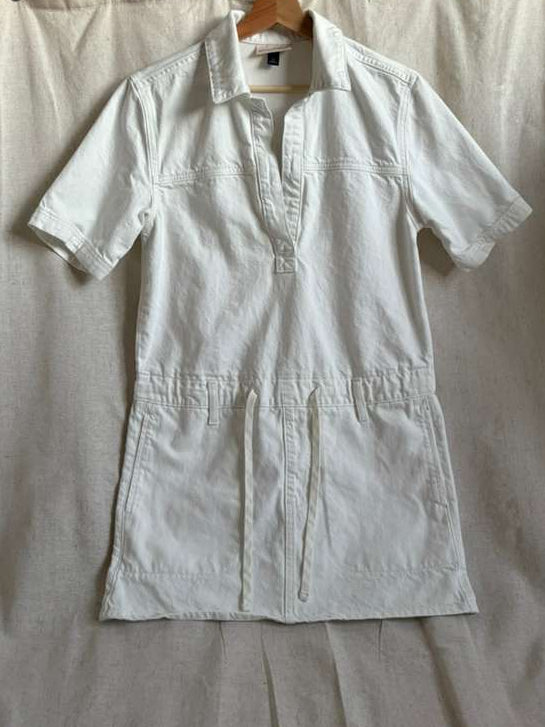 White Utility Shirt Dress - Belted Short Sleeve with Pockets