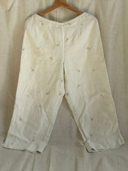 White Linen Floral Pants - Size M Cropped Wide Leg