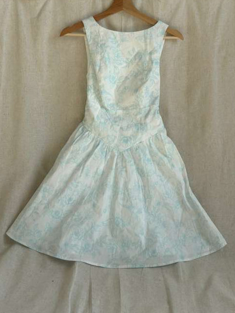 Pastel Blue Floral Dress - Vintage Fit and Flare with Bow