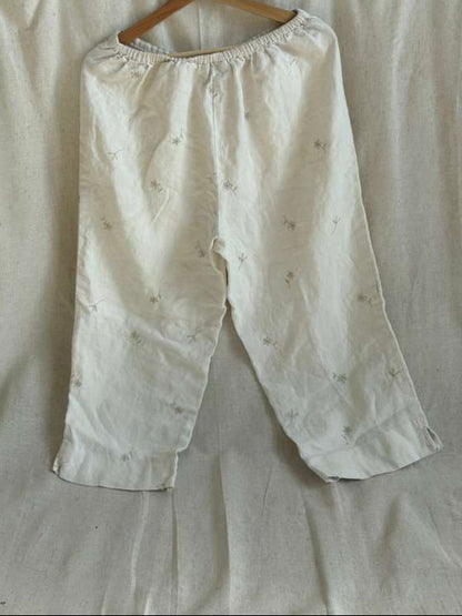 White Linen Floral Pants - Size M Cropped Wide Leg