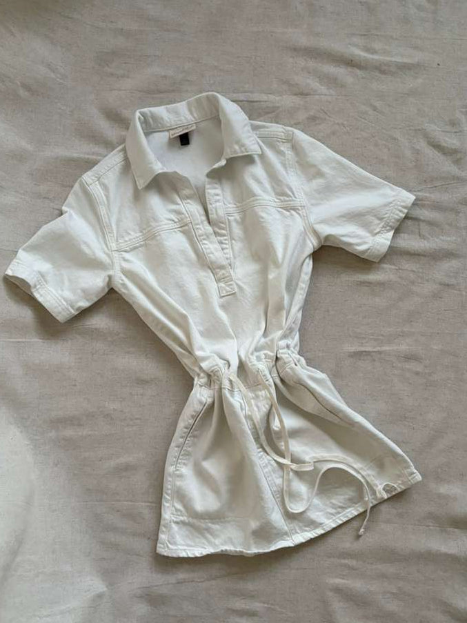 White Utility Shirt Dress - Belted Short Sleeve with Pockets